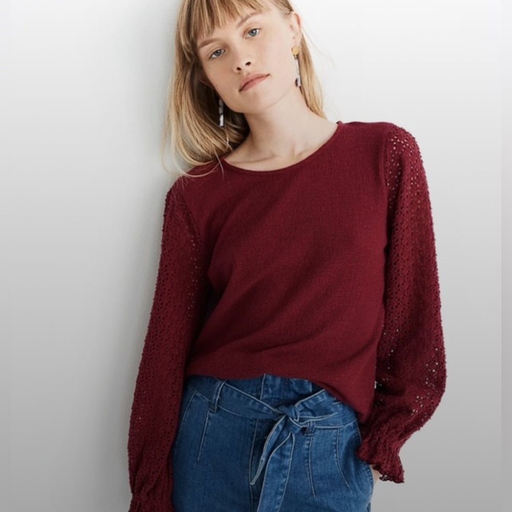 Madewell Burgundy Lace Sleeve cotton Blouse size Large